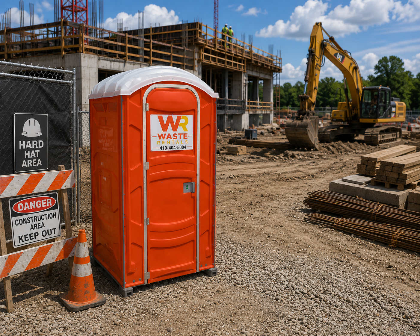 Waste Rentals portable restroom beside a Maryland construction project