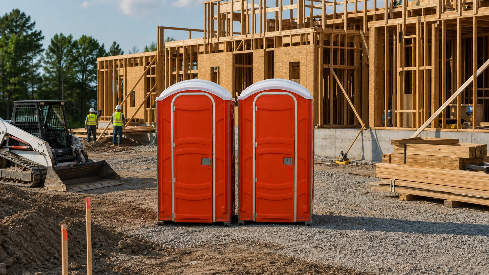 Two orange portable restrooms on a level gravel pad at an active building site