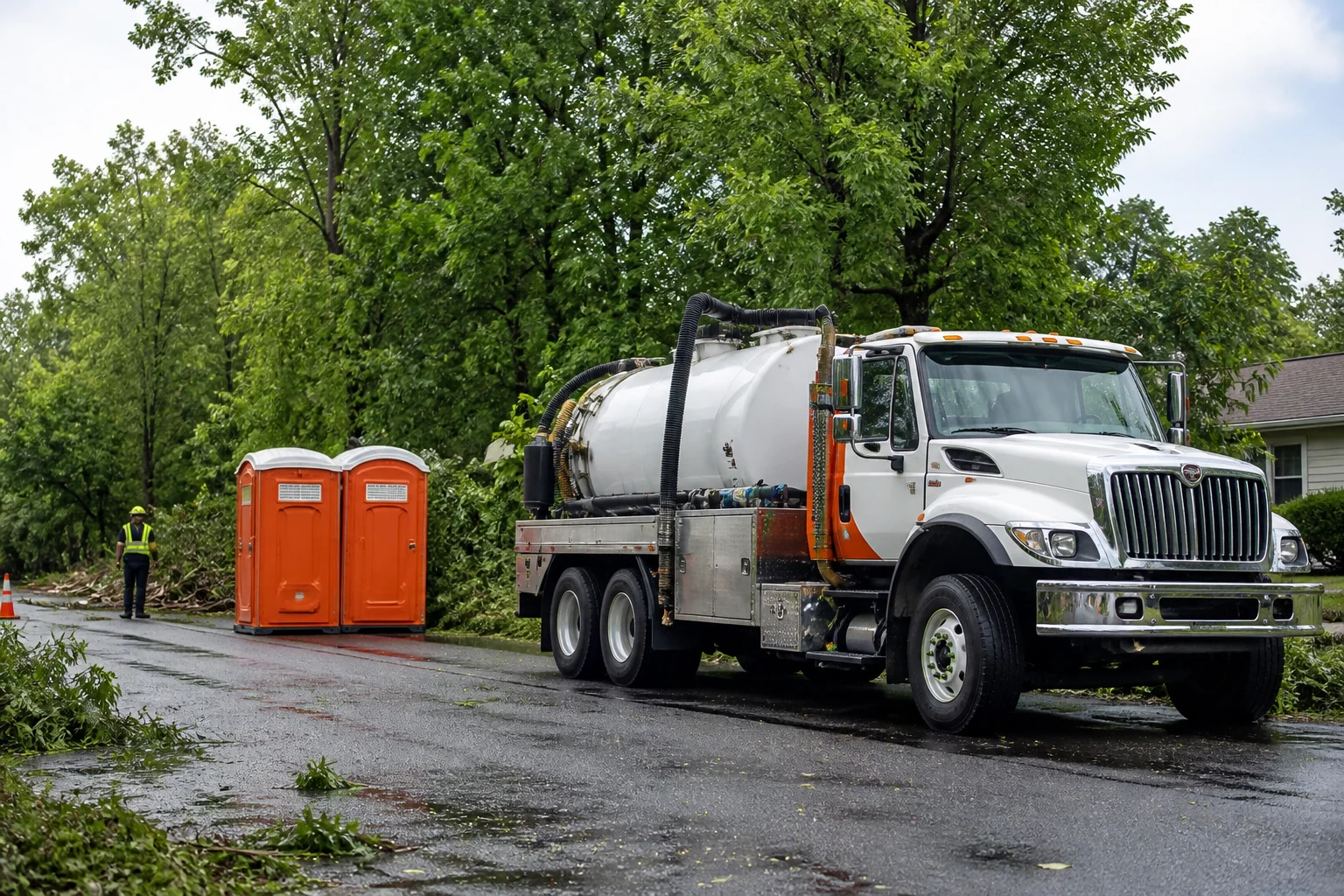 White portable sanitation service truck and orange restrooms staged on a wet road after a storm