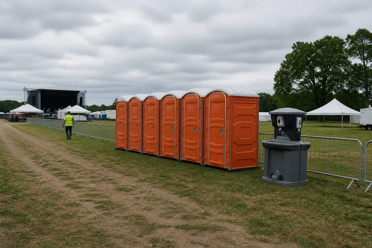 An orderly row of orange portable restrooms and a sink station on an outdoor event field