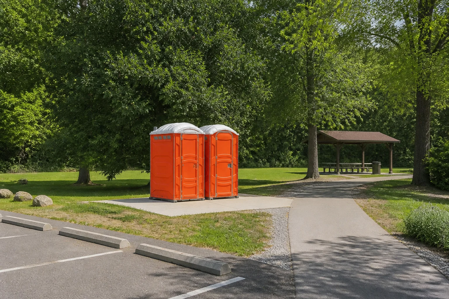 Two orange portable restrooms on a level pad beside a paved path in a public park