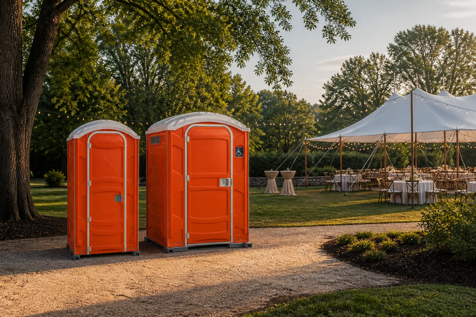 Two clean orange portable restrooms placed beside an outdoor wedding tent