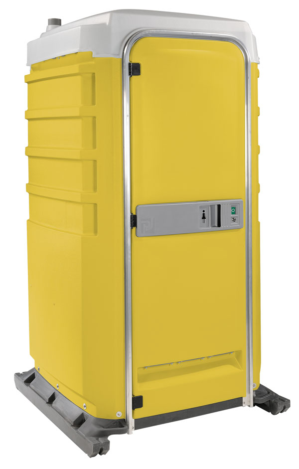 Yellow Fleet Fresh Flush portable restroom with gray roof and trim